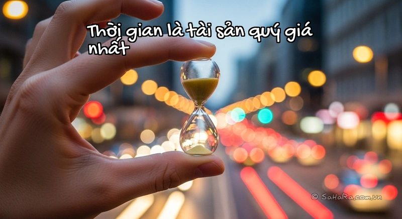 Thời gian là tài sản quý giá nhất Bàn tay giữ đồng hồ cát trên nền thành phố