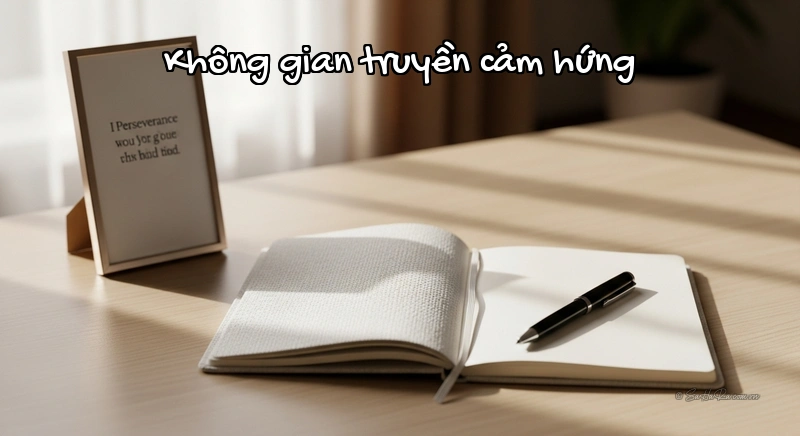 Không gian truyền cảm hứng Bàn làm việc với sổ và bút, khung ảnh câu nói truyền cảm hứng