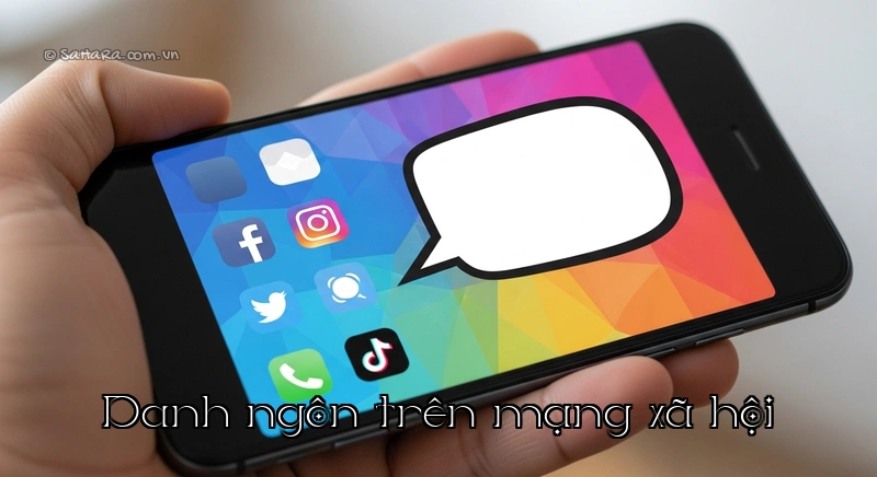 Bàn tay cầm điện thoại thông minh với biểu tượng mạng xã hội và bong bóng trích dẫn