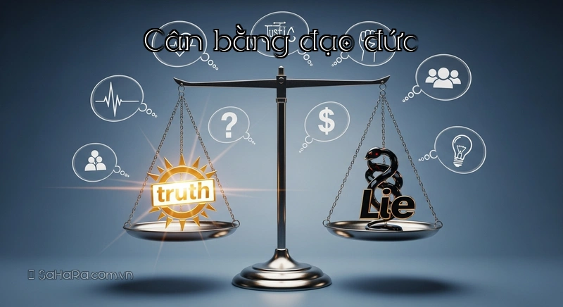 Cán cân công lý với biểu tượng sự thật và dối trá