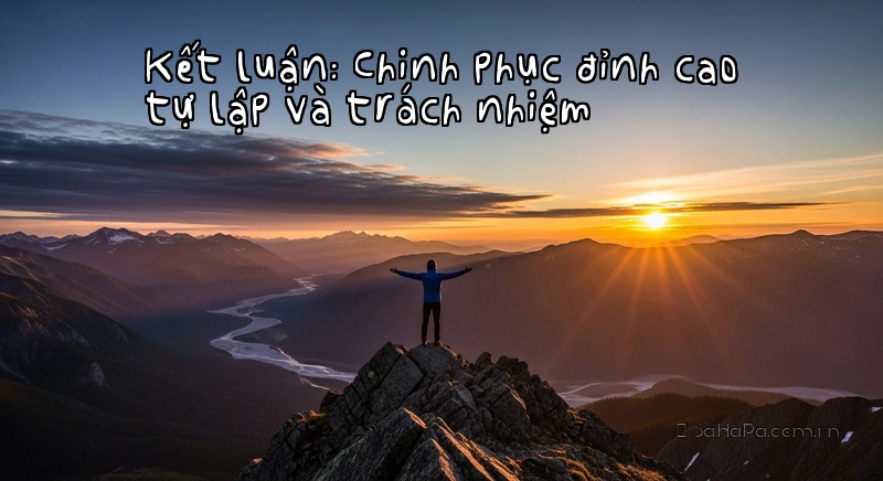 Kết luận: Chinh phục đỉnh cao tự lập và trách nhiệm Người đứng trên đỉnh núi, đón bình minh, biểu tượng của sự tự do và thành công