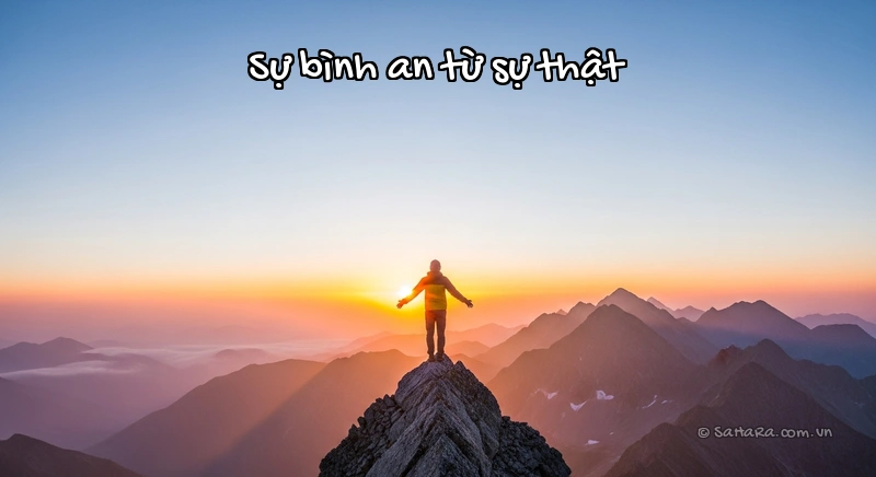 Người đứng trên đỉnh núi nhìn ra đường chân trời sáng rõ, tượng trưng cho sự bình yên khi sống thật
