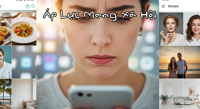 Áp Lực Mạng Xã Hội Một người đang lướt mạng xã hội với vẻ mặt căng thẳng, phản ánh áp lực sống ảo.