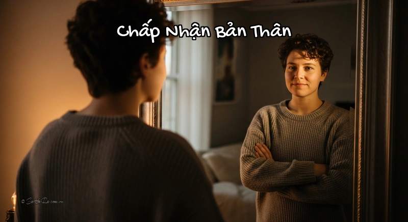 Chấp Nhận Bản Thân Hình ảnh một người nhìn tự tin vào gương, thể hiện sự chấp nhận và yêu thương bản thân.