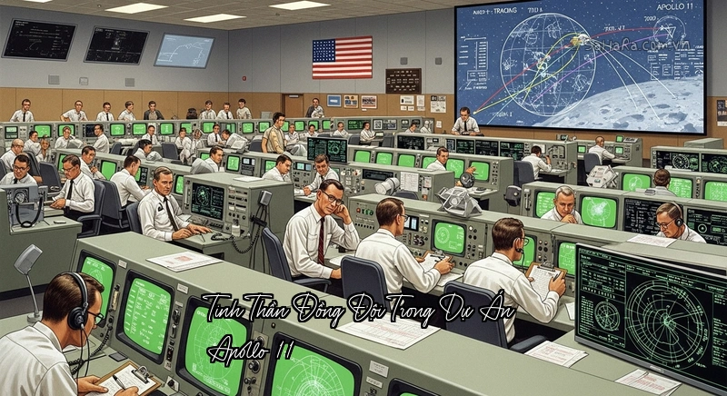 Tinh Thần Đồng Đội Trong Dự Án Apollo 11 Trung tâm điều khiển nhiệm vụ Apollo 11, với nhiều người đang làm việc, thể hiện sự hợp tác