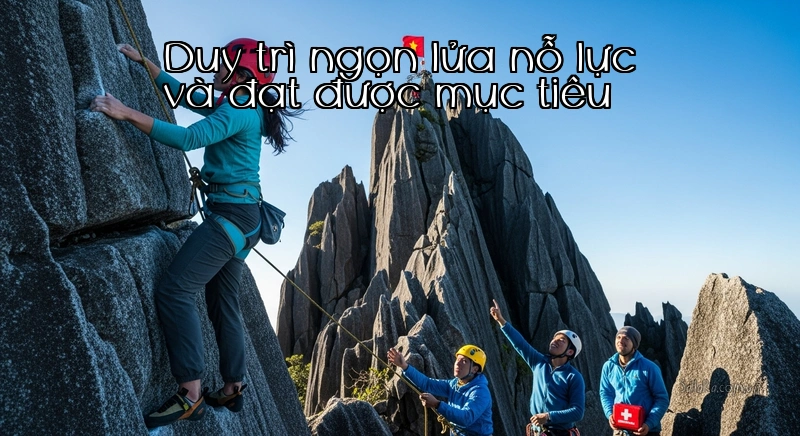 Người đang leo núi đá với sự cổ vũ, biểu tượng của sự kiên trì và hỗ trợ