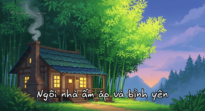 Ngôi nhà ấm áp và bình yên Ngôi nhà ấm cúng với khói bếp và hàng tre