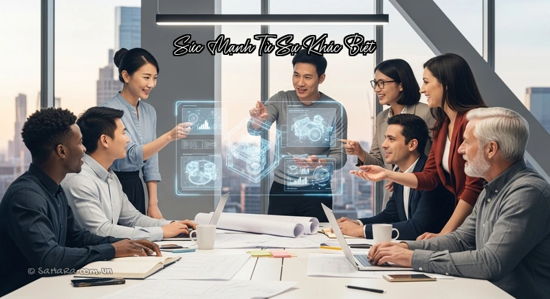 Sức Mạnh Từ Sự Khác Biệt Đội nhóm đa dạng cùng nhau làm việc, thể hiện sự hợp tác