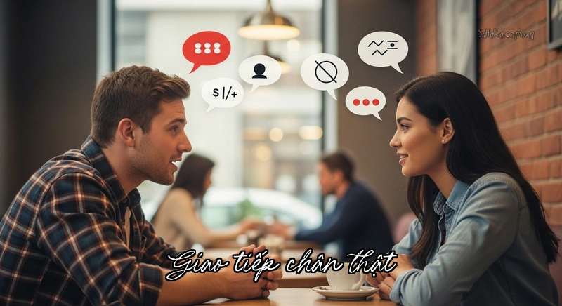 Hai người trò chuyện cởi mở và chân thành với bong bóng lời nói trung thực