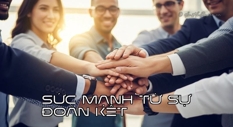 Sức Mạnh Từ Sự Đoàn Kết Những bàn tay xếp chồng lên nhau, biểu tượng cho tinh thần đoàn kết và hợp tác