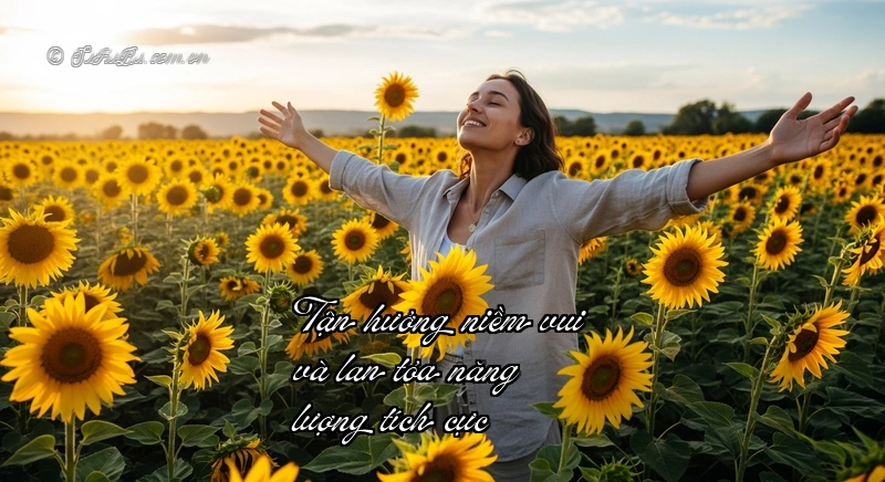 Tận hưởng niềm vui và lan tỏa năng lượng tích cực Người phụ nữ vui vẻ giữa cánh đồng hoa hướng dương